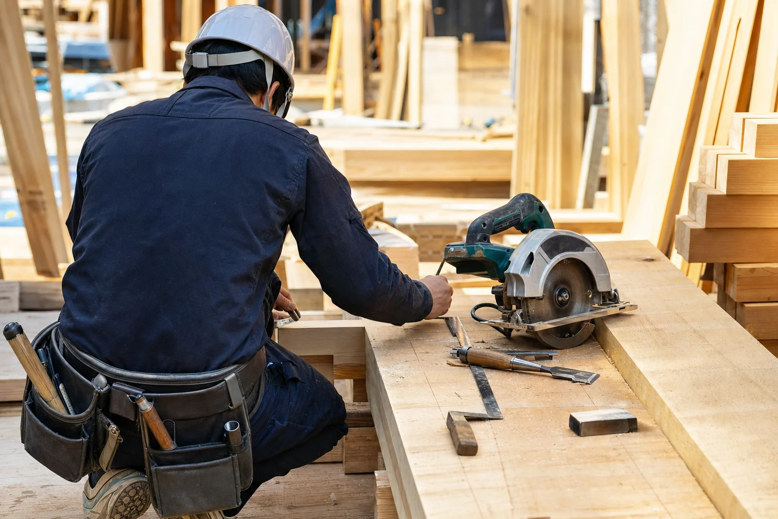 木造住宅の建築現場で木材に墨付けをするか中腰で木材を加工する大工の手元と後ろ姿。道具と木材が並ぶ造作の現場（顔なし）