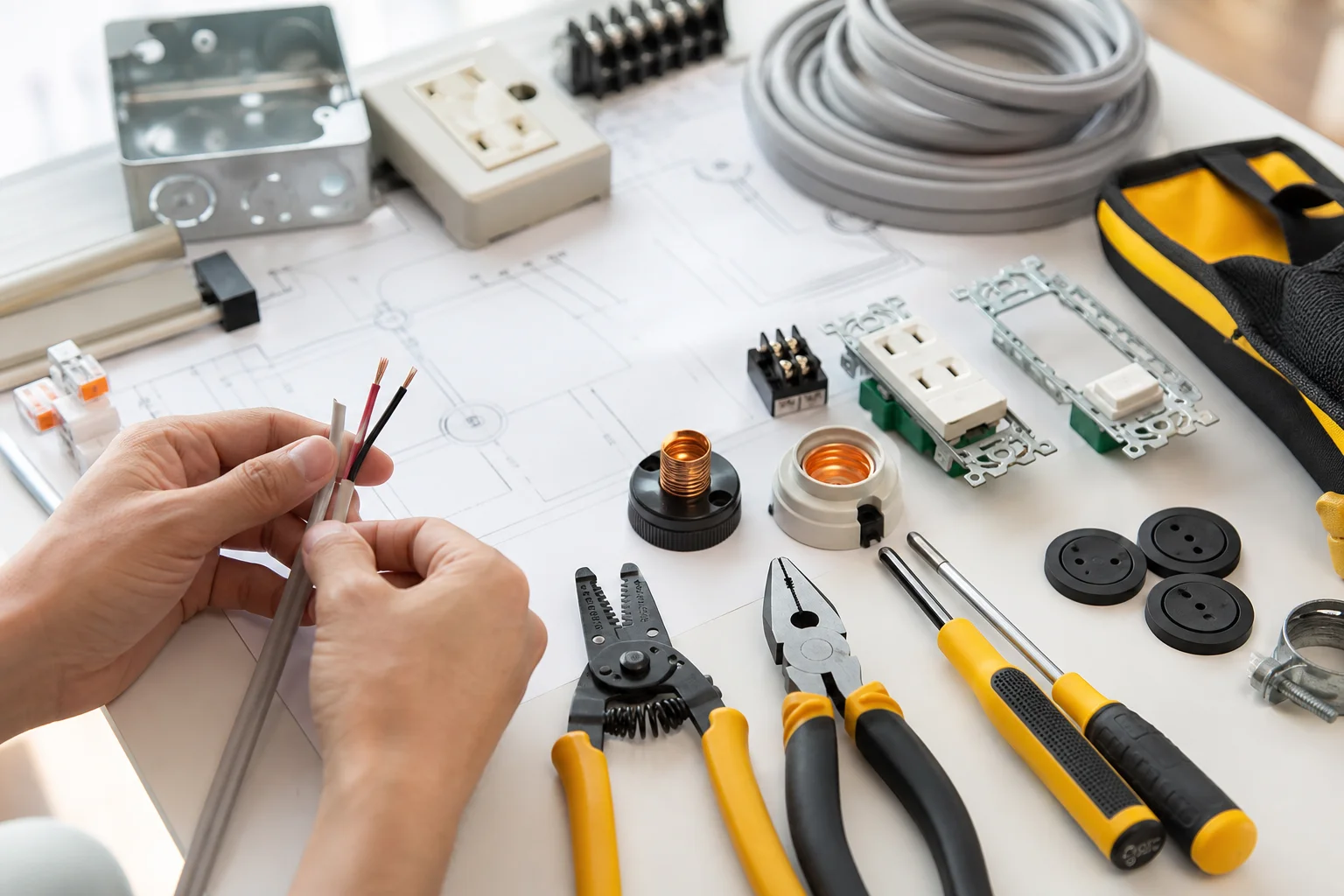 作業机に広げた配線図と電工工具、第二種電気工事士の技能試験対策の練習材料