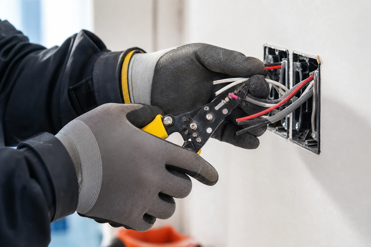 住宅の現場でコンセントやスイッチの配線作業をする若手の電気工事士の手元