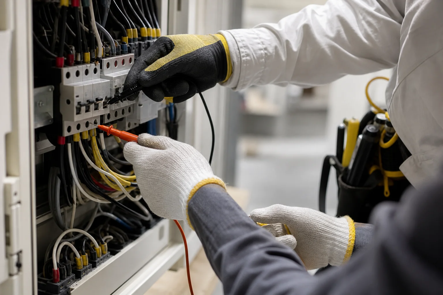 ベテランの電気工事士が若手に分電盤の前で手元の作業を教える様子