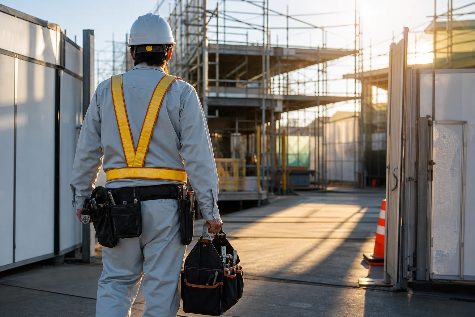 朝の建設現場に向かう作業着姿の人の後ろ姿。これから仕事を始める、入口に立つ未経験者を象徴する（顔なし）