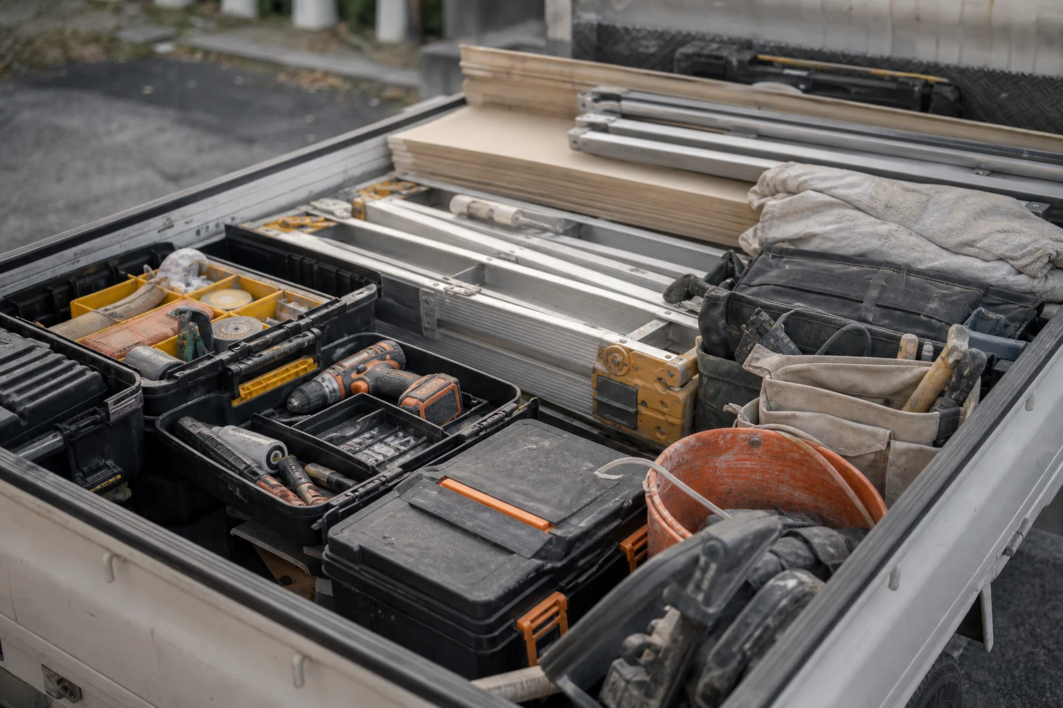 軽トラックの荷台に整理された職人の道具一式。独立して自分の道具・材料・段取りを抱える働き方を象徴する（顔なし）