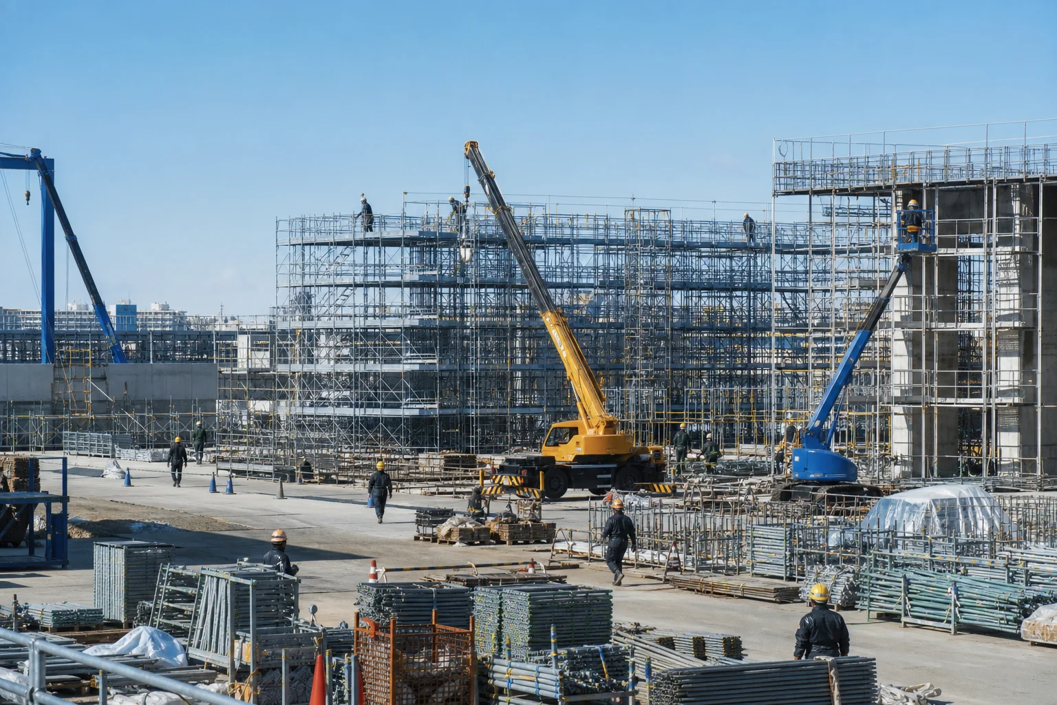 複数の職人が連携して作業する建設現場の全景。足場・資材・重機が見え、いくつかの職種が同じ現場で動いている様子（顔なし）