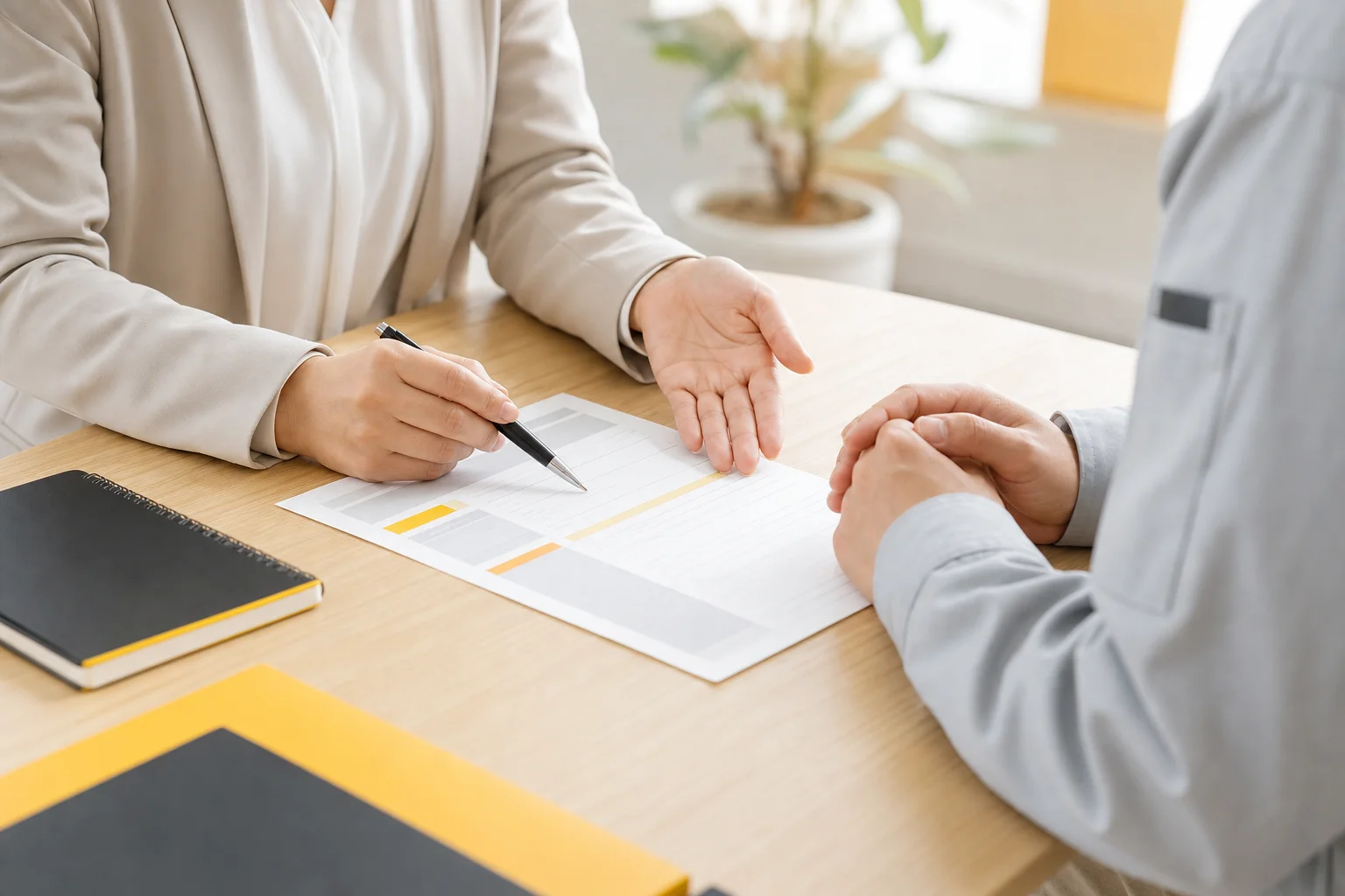 相談スペースで求人票を挟んで向き合い、書類を指し示しながら説明する担当者と求職者の手元