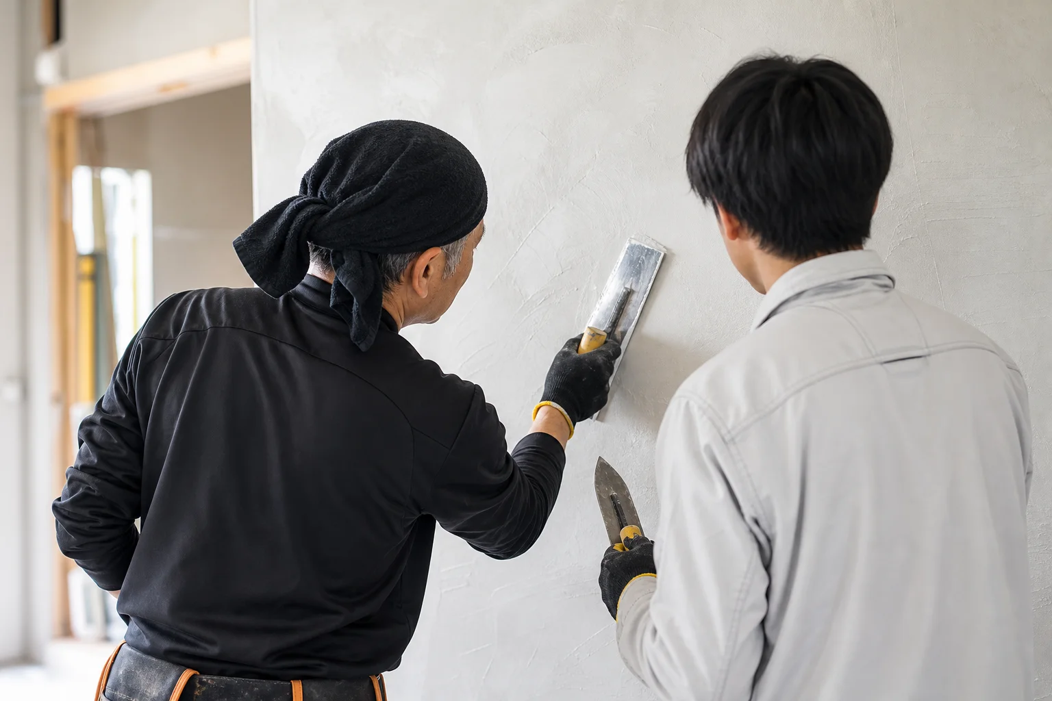 屋内現場で先輩左官職人が若い職人にコテの使い方を手ほどきしている後ろ姿（顔なし）