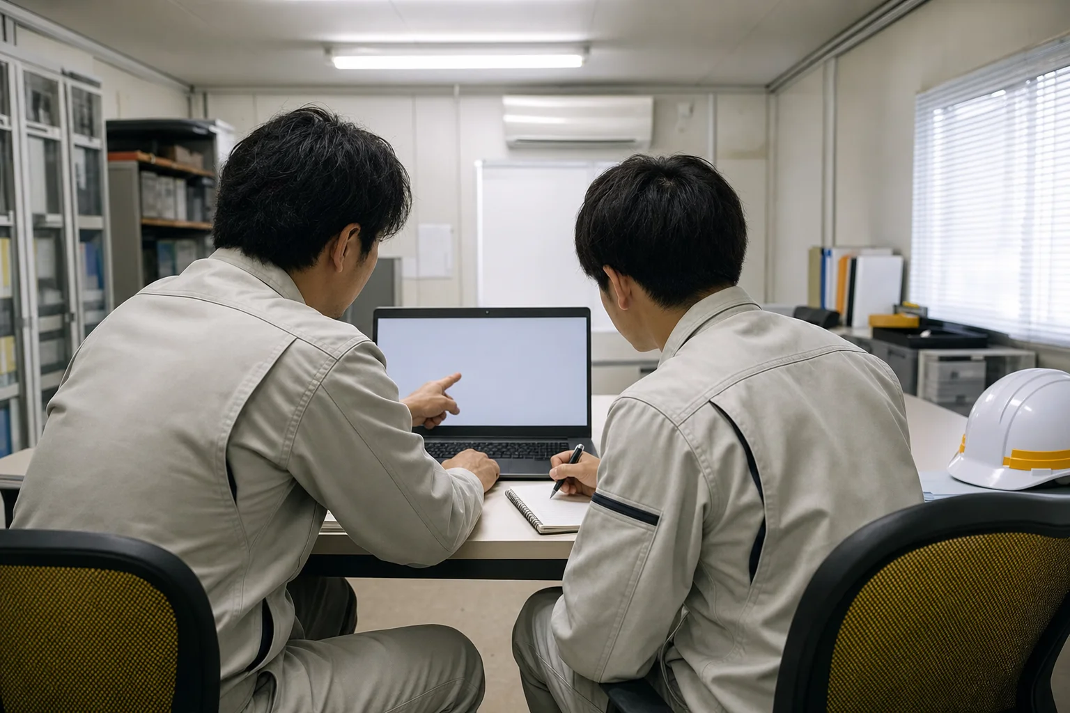 工事現場の仮設事務所で先輩施工管理者と横並びに座りノートPCの画面を確認しながらメモを取る若手の後ろ姿
