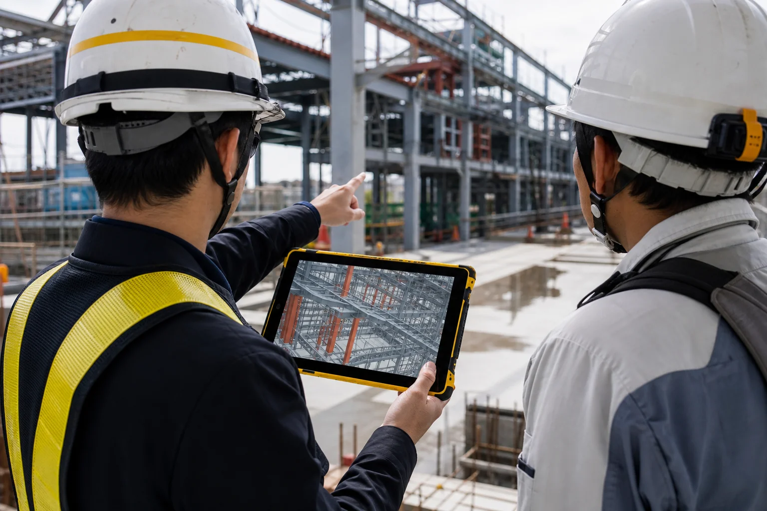 建設現場でタブレット端末の画面を確認しながら職人に指示を出す施工管理者の後ろ姿