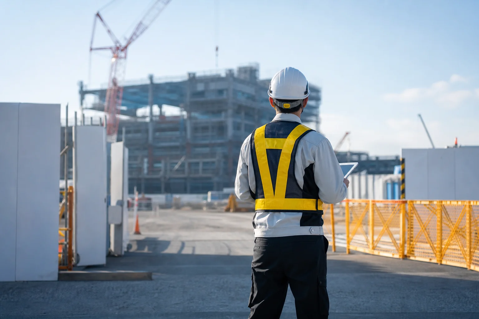 朝の工事現場入口で安全ヘルメットをかぶりながら工程表を確認する施工管理者の後ろ姿