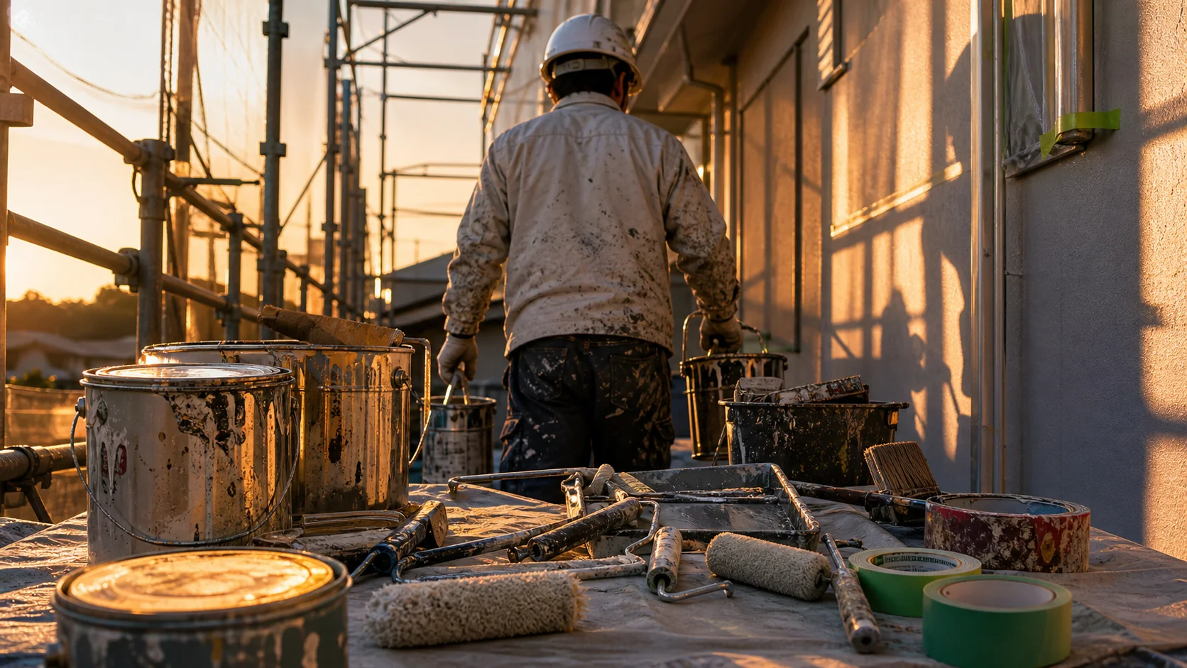 作業を終えて道具を片付ける塗装職人の後ろ姿。ローラーや刷毛、塗料の缶が並び、夕方の落ち着いた現場の空気が伝わる（顔なし）