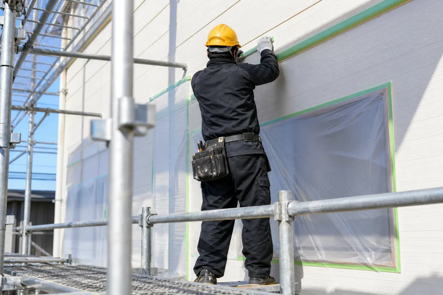 外壁塗装の現場で足場の上に立ち養生作業をしている塗装工の後ろ姿（顔なし）
